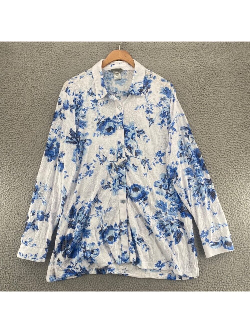 Multiples Shirt Womens Large Blue Floral Paisley Stretch Knit Button Up Collared